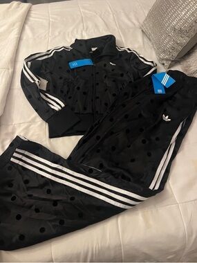 adidas Black Polka Dot Track Jacket & Pants with White Stripes